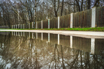 Refleksja drewnianego płotu w kałuży przy alejce