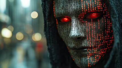 A hacker’s mask with red code scrolling in the background.
