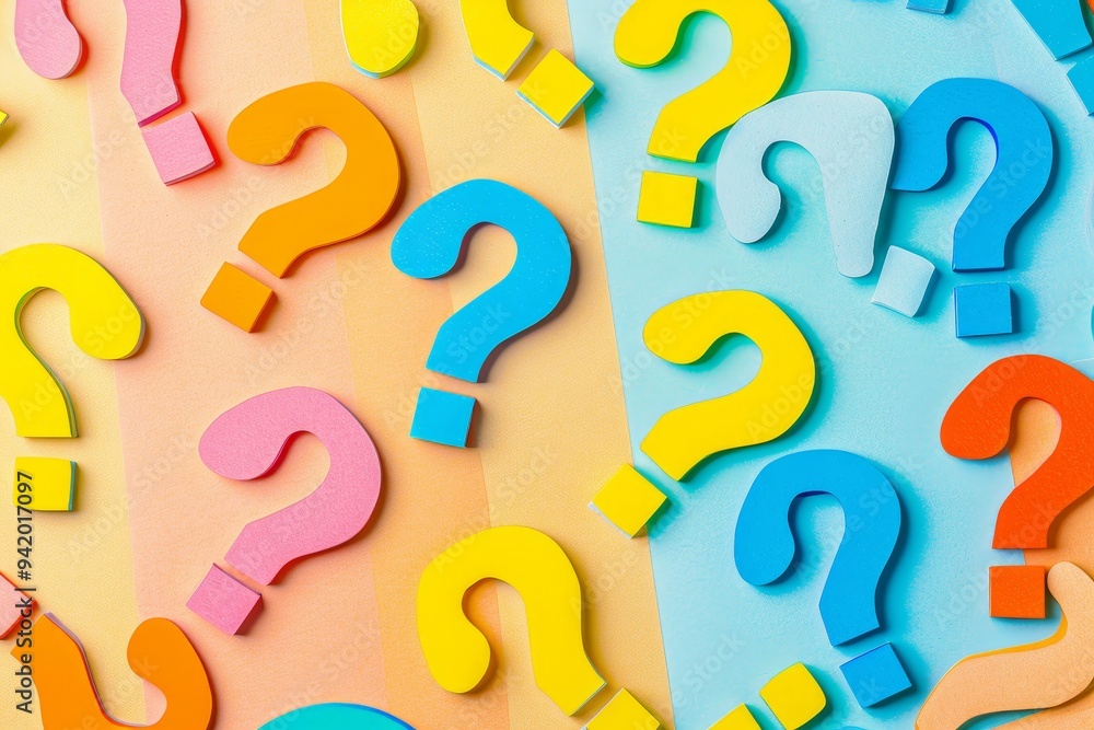 Aufkleber vibrant colored background featuring bold question marks, rendered in a raw, minimalistic style, cre