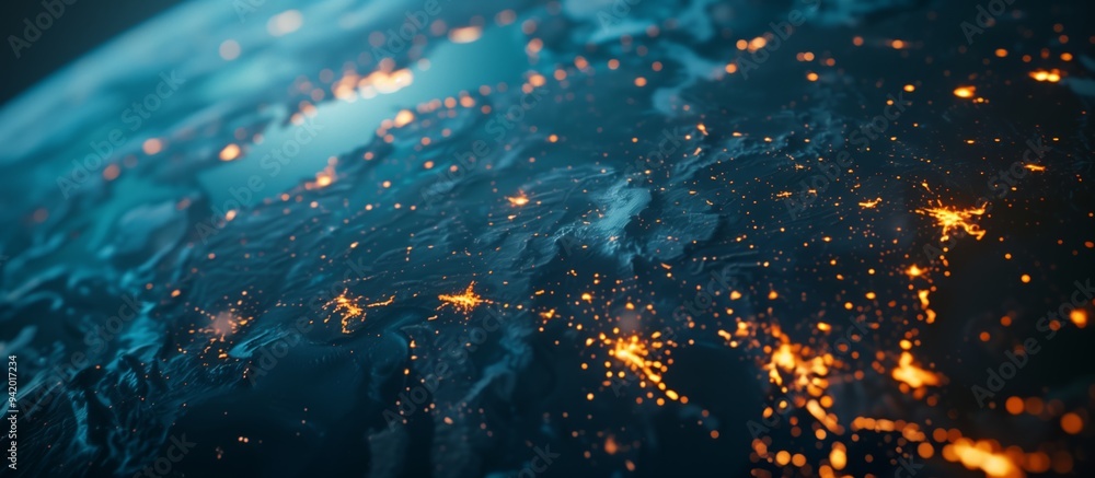 Poster Detailed view of Earth from space with illuminated continents and glowing network connections symbolizes global communication and technology at night, showcasing worlds interconnectedness
