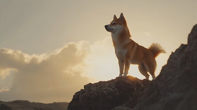 A Shiba Inu dog standing on a rocky outcrop gazing contemplatively at the distant horizon with a peaceful tranquil copy space background  Conveying a sense of solitude in nature - Powered by Adobe