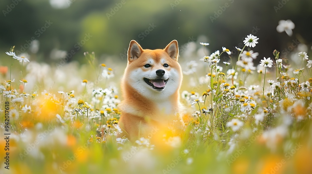 Poster adorable shiba inu puppy playing and exploring a lush colorful field of blooming wildflowers on a su