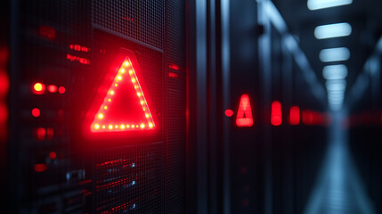 A red alert symbol flashing on a server rack, indicating a cyber attack.