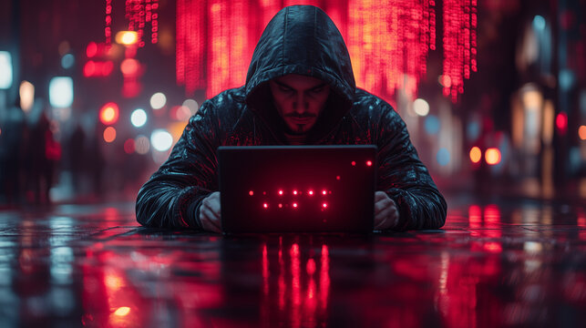 A hacker typing rapidly on a laptop with red code scrolling in the background.