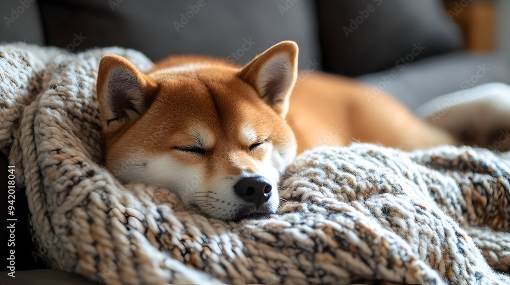 Poster adorable shiba inu puppy lying down and relaxing on a soft cozy blanket with ample copy space for te