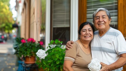 A man and woman standing outside of a building holding flowers. AI.