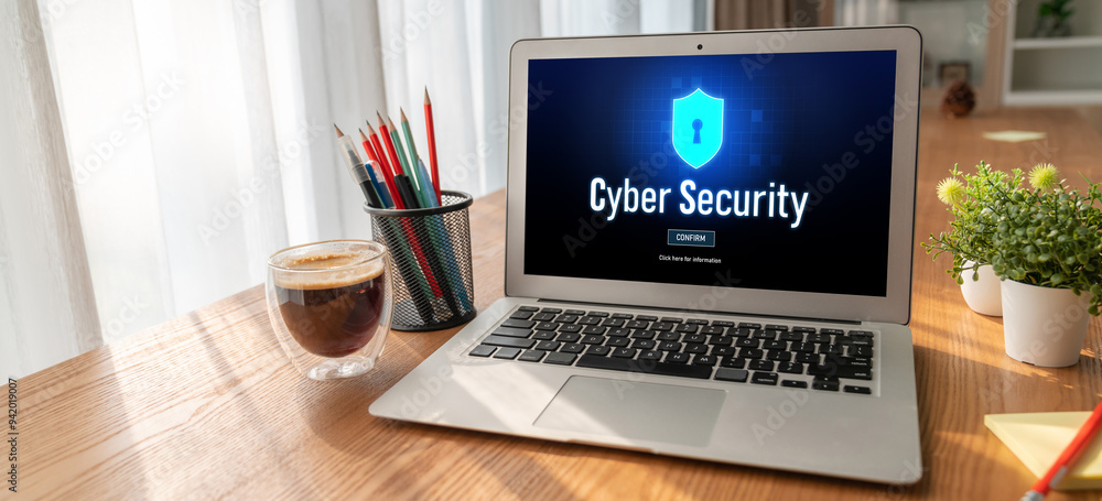 Poster cyber security system on computer screen protect private information snugly from hacker and cyber at