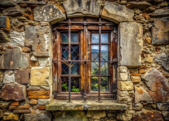 Old, worn, and ornate window with broken panes and rusty hinges, set in a crumbling stone wall, casts an eerie and foreboding silhouette.