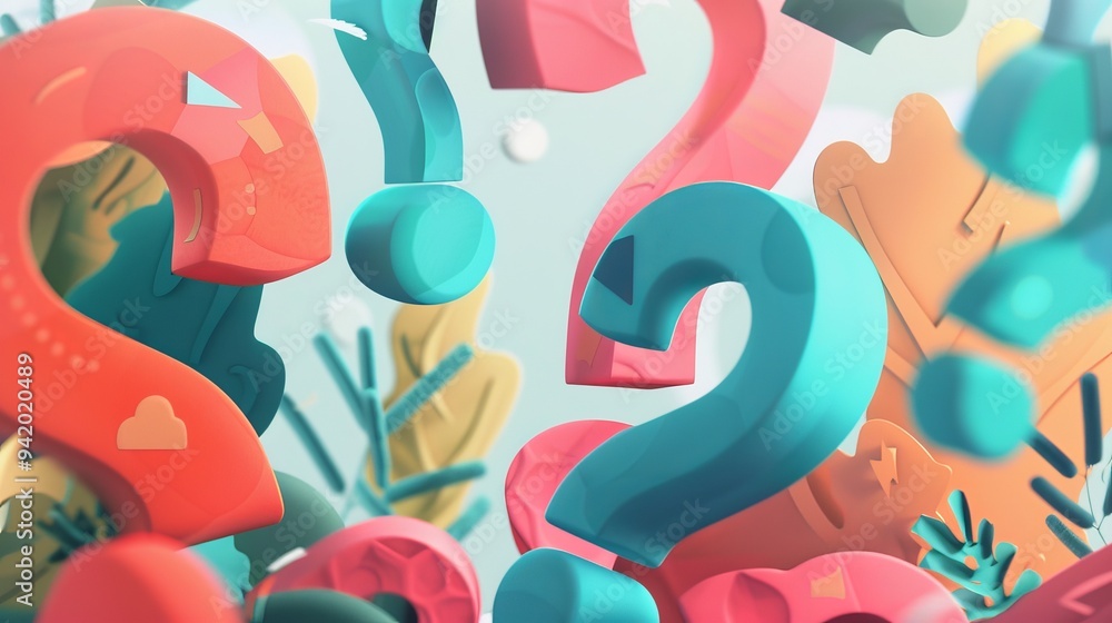 Poster anthropomorphic question marks as a background slide for a presentation, captured in a creative and 