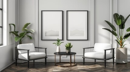 Modern living room with minimalist decor, featuring two chairs, a table, and plants.