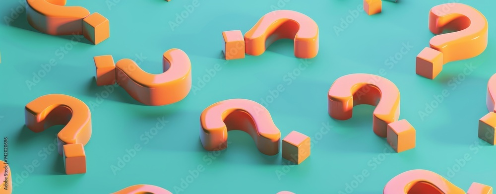 Poster minimalist 3d isometric illustration of orange question marks on a teal background, highlighting mod