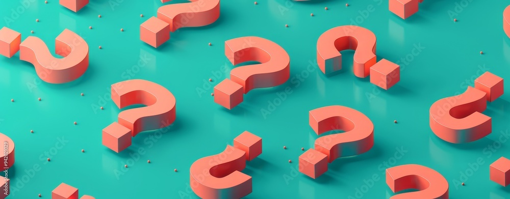 Poster minimalist 3d isometric illustration of orange question marks on a teal background, highlighting mod