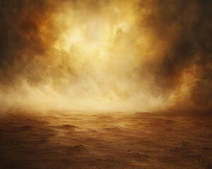 A stunning landscape featuring a golden smoky sky combined with muted earth tones, evoking a sense of mystery and tranquility.