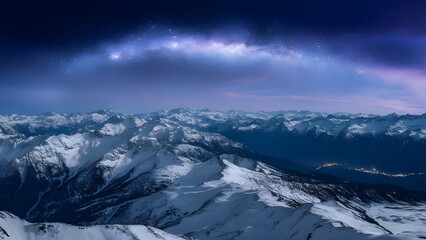 Celestial Snow, Mountain Peaks Beneath a Starry Sky, generative AI