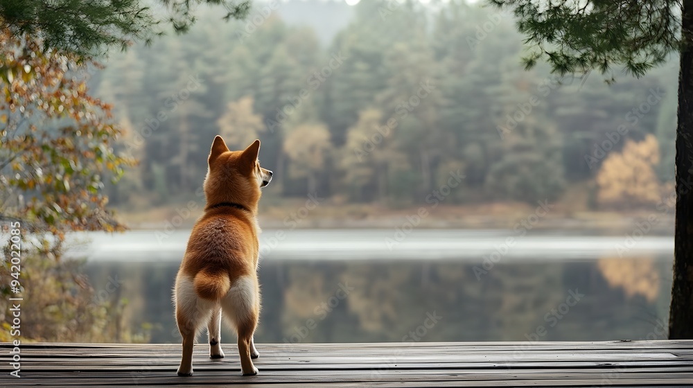Poster a shiba inu standing on a wooden deck looking out over a tranquil lake with a calming reflection the