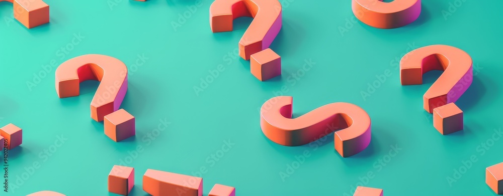 Poster 3d isometric orange question marks on a teal background in a minimalist style, creating a visually s