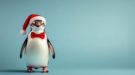 Obraz premium Christmas penguin in santa hat and red bow tie isolated