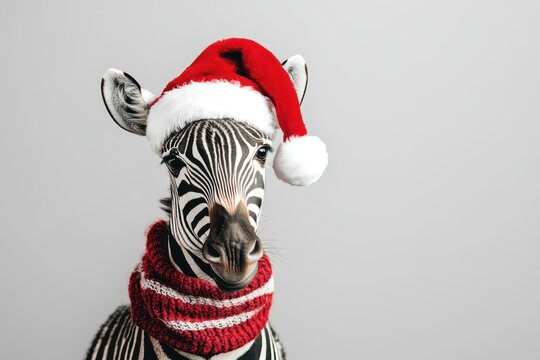 Festive zebra in Santa hat with red scarf for Christmas