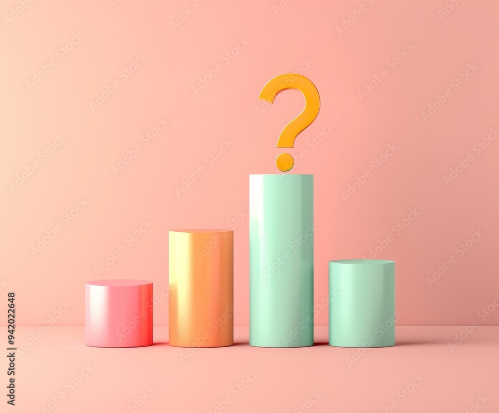 Aufkleber a 3d bar graph with four bars depicting growth, the final bar bending into a question mark, rendered