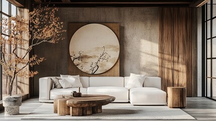 Photorealistic industrial minimal living room, white couch, abstract minimalism, sleek round shapes, stone and wood textures, Japanese style painting, centered composition, wooden decorations