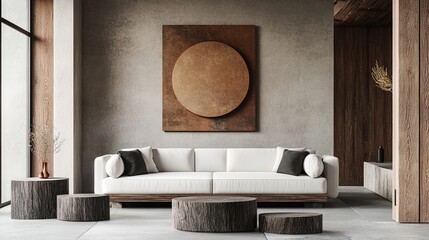 Photorealistic industrial minimal living room, white couch, abstract minimalism, sleek round shapes, stone and wood textures, Japanese style painting, centered composition, wooden decorations
