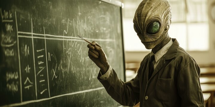 Alien teacher writing on chalkboard.