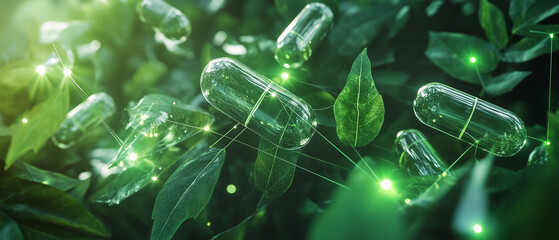 Green Pill Capsules in Nature Abstract