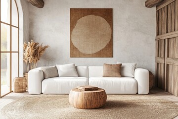Photorealistic earthy minimal living room, white couch, abstract minimalism, sleek round shapes, stone and wood textures, Japanese style painting, centered composition, wooden decorations