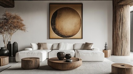 Photorealistic earthy minimal living room, white couch, abstract minimalism, sleek round designs, stone and wood accents, centered Japanese painting, wooden decor, natural aesthetic