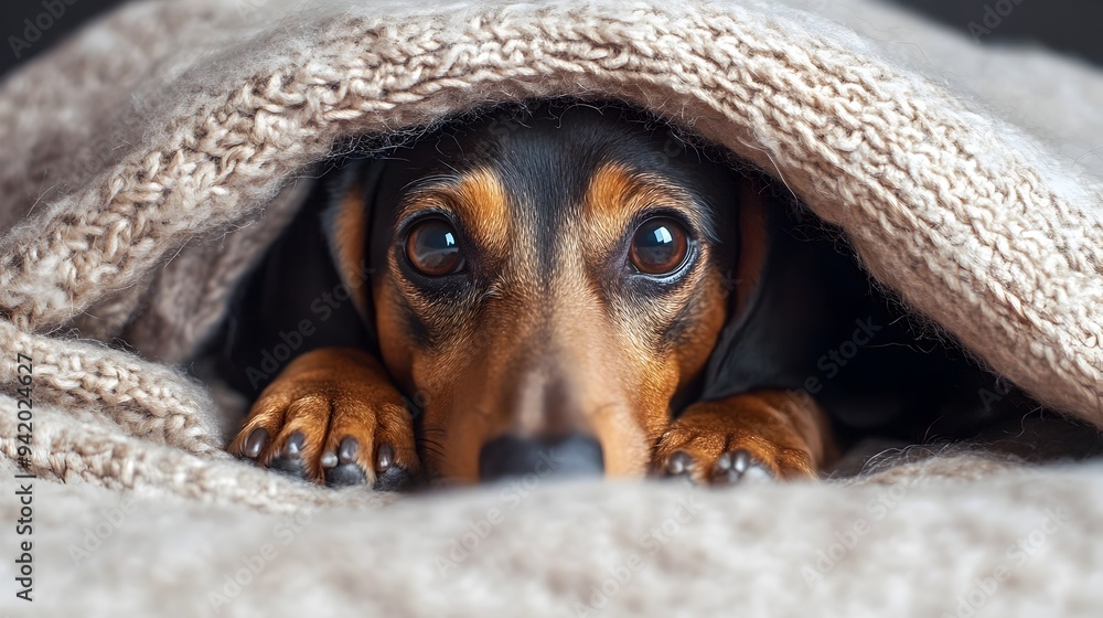 Poster adorable dachshund puppy peeking out from underneath a soft cozy blanket with copy space for text ov