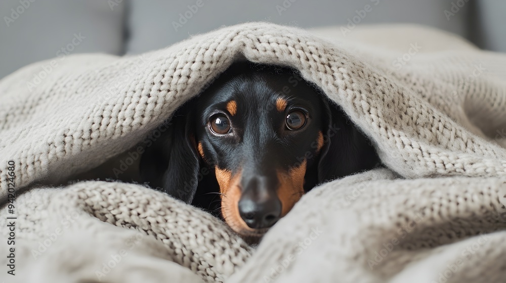 Poster a curious and playful dachshund peeking out from under a soft cozy blanket with ample copy space for
