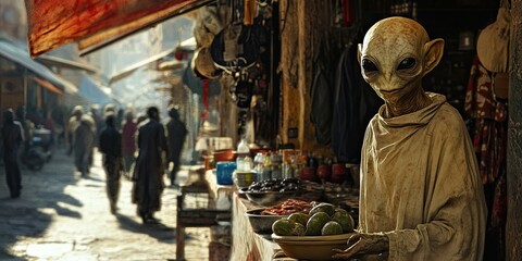 Alien in a marketplace with fruits.