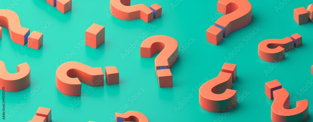 Poster 3d isometric orange question marks on a teal background in a minimalist style, creating a visually s