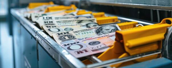 Colorful banknotes in washing machine for laundering money.