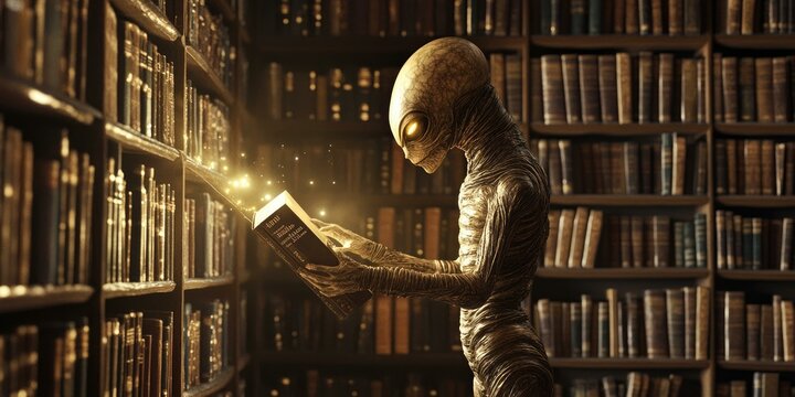 An alien reads a book in a library.