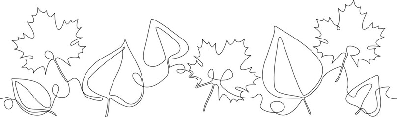 Autumn leaves in continuous line drawing style. Vector element for poster, border, banner, frame, visual seasonal advertising ets. Pattern that repeat horizontally.
