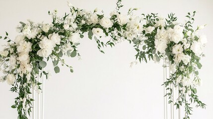 A wedding arch adorned with white flowers and greenery, set against a clean white background.