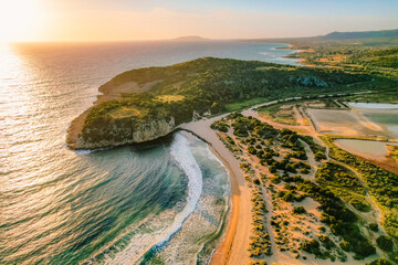 Aerial view of voidokilia beach, lagoon with beaches in mediterranean, Ionian Sea, Pylos town , Greece. Navarino Castle on hill. © Zedspider