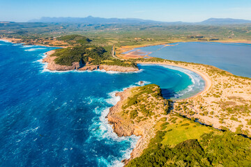 Aerial view of voidokilia beach, lagoon with beaches in mediterranean, Ionian Sea, Pylos town ,...