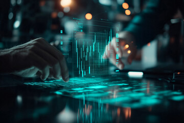 A person is typing on a computer screen with a green background