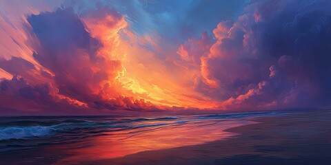 Fototapeta premium Pink and orange clouds over a calm sea.