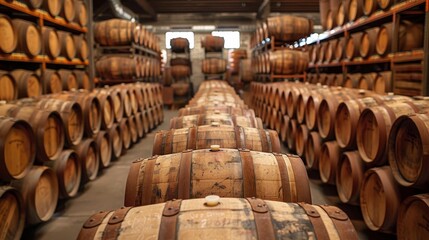 Whiskey, bourbon, and scotch aging in oak barrels within a dedicated facility, showcasing the traditional craftsmanship and rich heritage of fine spirits.
