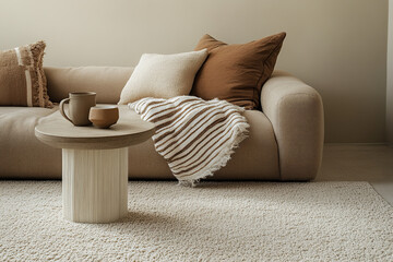 Beige carpet, beige sofa with brown pillows and a blanket on top of it, a round coffee table in front of the couch with two mugs sitting there, minimalist interior design photography.