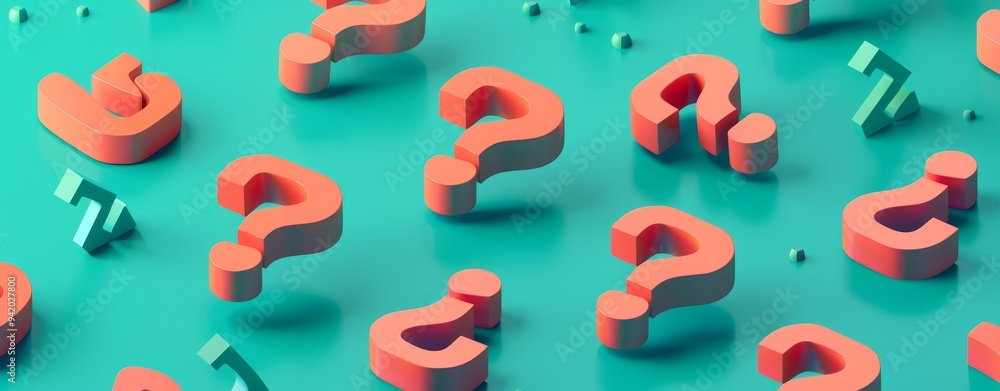 Poster 3d isometric orange question marks on a teal background in a minimalist style, creating a visually s