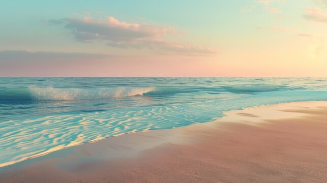 Late afternoon at the beach with serene sea and a soft sky gradient from blue to peach, creating a tranquil and peaceful dusk scene with gentle waves.