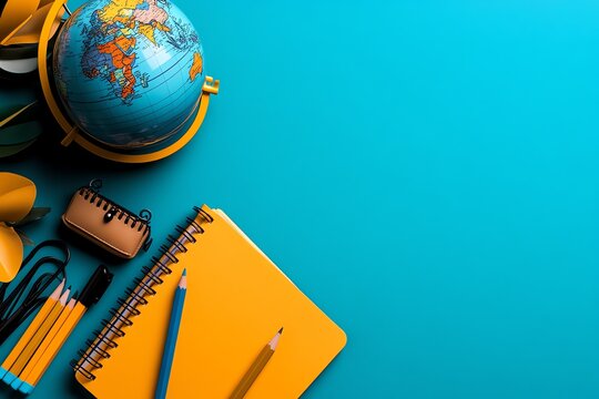 A back-to-school supplies setup themed around global exploration, featuring world map-themed notebooks, a globe-shaped pencil sharpener, and travel-inspired accessories