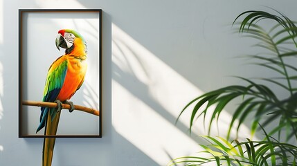 Illustrate a hand-made painting of a colorful parrot perched on a branch, displayed on a bright, airy wall with a minimalist frame mockup. generative ai