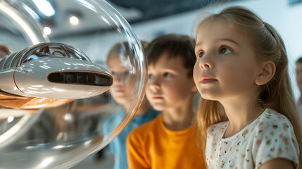 A group of children looking in awe at a flying car on display in a museum, representing the passing of knowledge and the excitement of future possibilities. Education, Invention, I