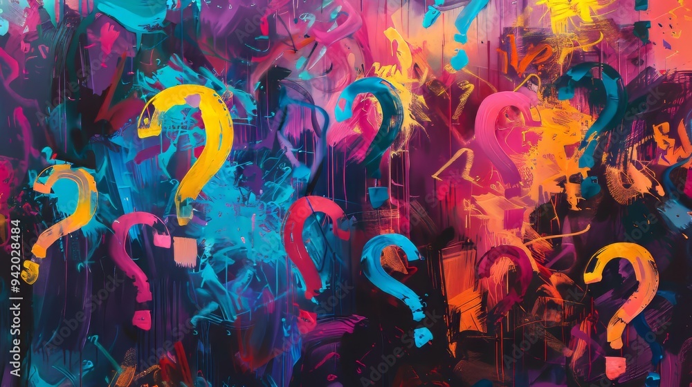 Poster an image filled with vibrant question mark details, featuring bold and striking colors, creating a d