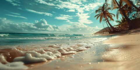 Action cam footage of a dreamy beach with cinematic lighting, captured in UHD with super detail, f1.2, and depth of field for a vivid and immersive scene.